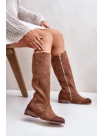 Zamszowe Kozaki Damskie Do Połowy Łydki Na Zamek Lewski 3616 Brązowe