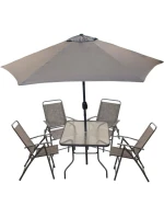SET ZÁHRADNÉHO NÁBYTKU SYDNEY STÔL 4 STOLIČKY A SLNEČNÍK SIVÝ