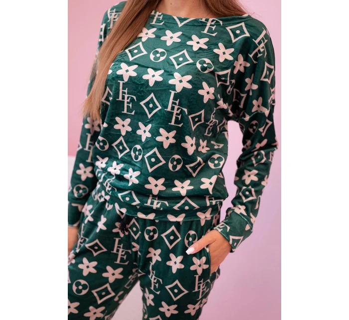 Dámska velúrová súprava s monogramom zelená + béžová