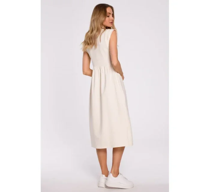 M581 Šaty bez rukávov s vysokým pásom - krémové
