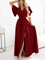 581-2 JENNIFER dlhé šaty s rozparkom na nohách, rukávmi a výstrihom - BRONZE