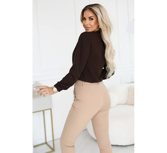 140-29 Blúzka s dlhými rukávmi a viazaním vpredu - čokoládová 140-29 Blúzka s dlhými rukávmi a viazaním vpredu - čokoládová