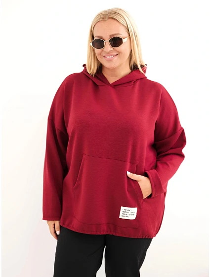 Dámska mikina z viskózy vo veľkosti plus size s kapucňou a klokaním vreckom, bordová