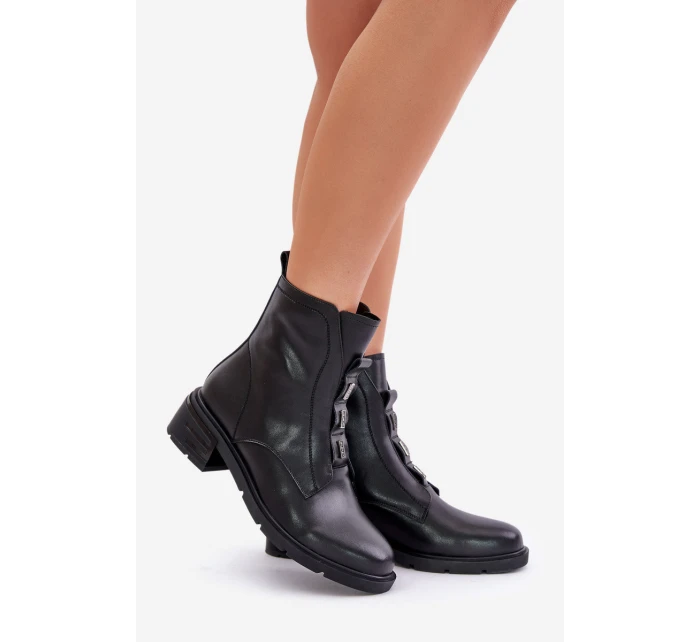 Skórzane Botki Na Zamek Ocieplane Czarne Olidrila