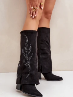 Zdobione Kozaki Z Wywiniętą Cholewką Na Słupku Czarne Ivilta