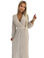 Béžové dámské midi šaty s výstřihem, dlouhými rukávy a širokým opaskem model 19012562 - numoco basic