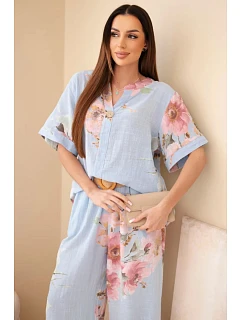 Dámsky bavlnený komplet s krátkym rukávom a širokými nohavicami modrý