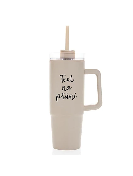 TEXT NA ŽIADOSŤ - béžový cestovný termohrnček s priehľadným viečkom 900 ml