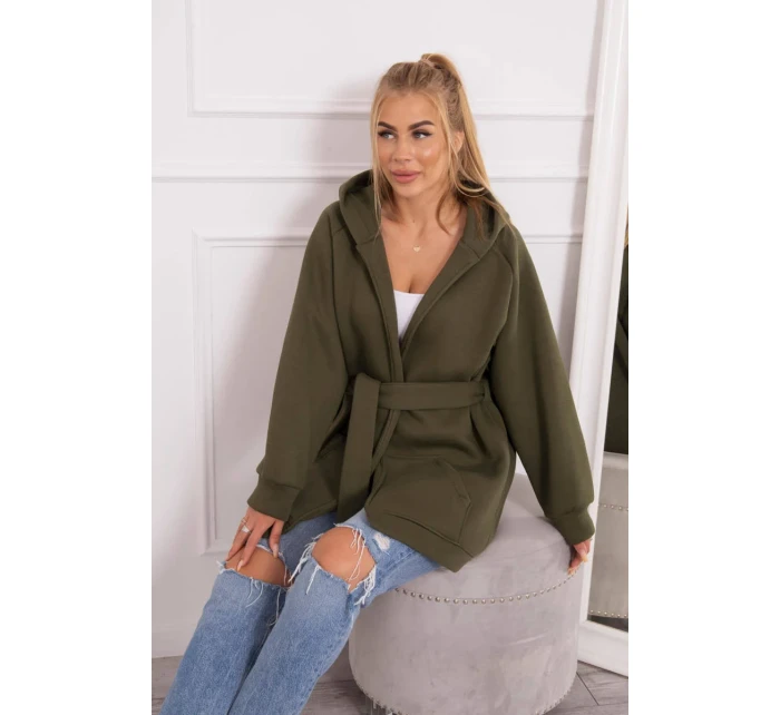 Zateplená bunda s vázáním v pase khaki barvy