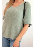 Dámský svetr z měkkého model 21327524 s výstřihem do V krátký rukáv tmavě mátový - K-Fashion