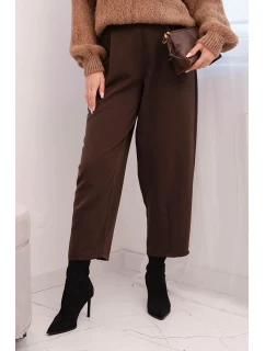 Dámské kalhoty s vysokým pasem a záhyby hnědé