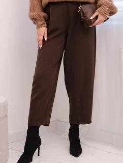 Dámské kalhoty s vysokým pasem a záhyby hnědé