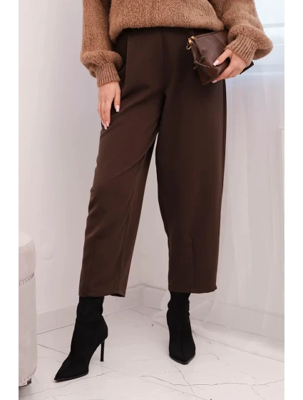 Dámské kalhoty s vysokým pasem a záhyby hnědé