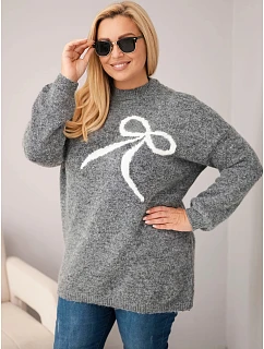 Dámský svetr Plus Size s přídavkem vlny s mašlí grafitový