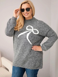 Dámsky sveter vo veľkosti Plus Size s prímesou vlny a mašľou, grafitový