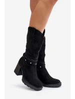 Kozaki Damskie Do Połowy Łydki Na Słupku Ocieplane Czarne Ivanelis