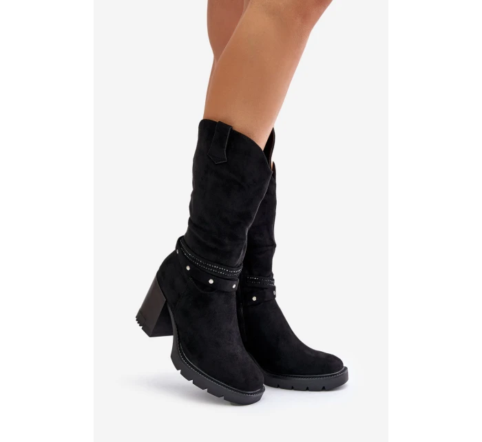 Kozaki Damskie Do Połowy Łydki Na Słupku Ocieplane Czarne Ivanelis