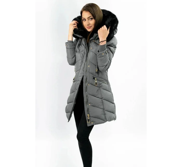 Šedá dámska prešívaná zimná bunda s kapucňou (w732) Šedá dámska prešívaná zimná bunda s kapucňou (w732)