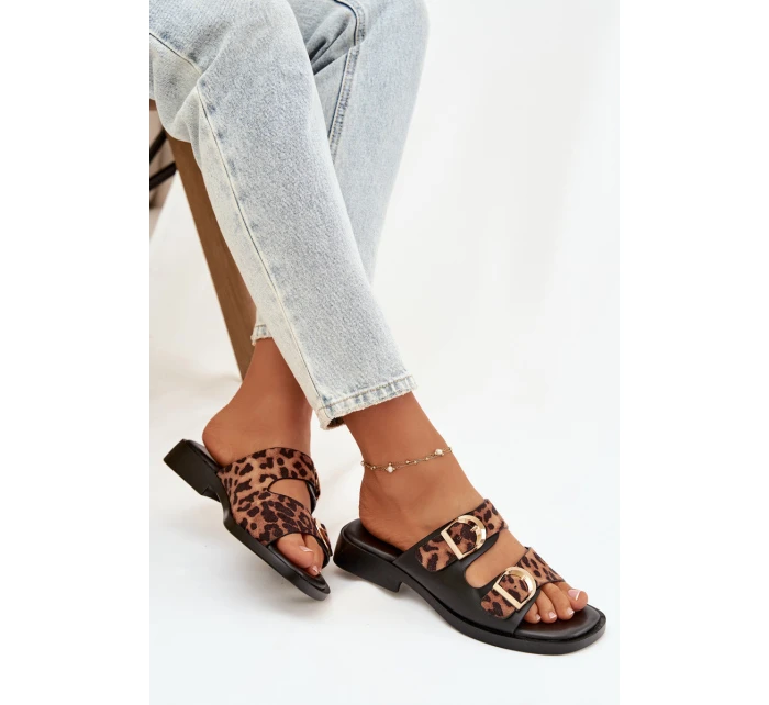 Dámské pantofle se zlatými sponami Leoparda Černo-hnědé Danelle