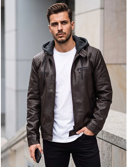 Pánska kožená zateplená bunda s kapucňou, hnedá, FashionStreet TX5144 Pánska kožená zateplená bunda s kapucňou, hnedá, FashionStreet TX5144