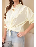 Dámske bavlnené tričko s čipkou a viazankami žlté