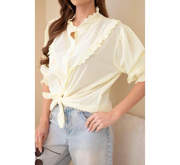 Dámske bavlnené tričko s čipkou a viazankami žlté