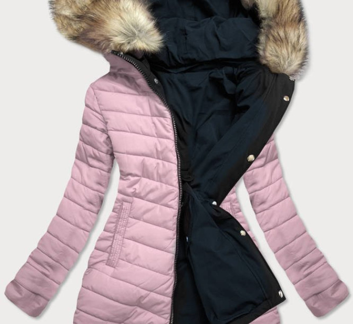 Tmavo modro-ružová obojstranná dámska zimná bunda s kapucňou (W211)