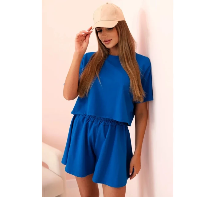 Dámska bavlnená súprava so širokými šortkami v chrpovo modrej farbe