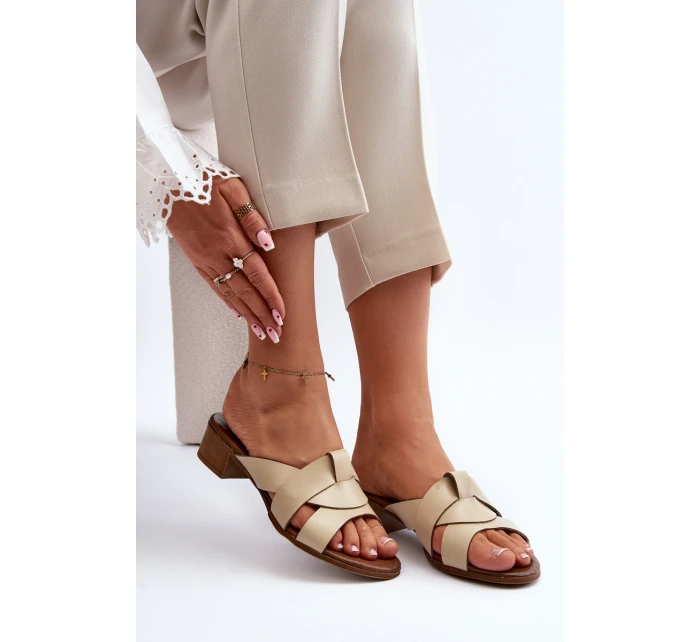 Zazoo 40236 Skórzane Klapki Damskie Na Niskim Obcasie Beżowe