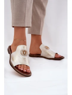 Elegantní Dámské Kožené Pantofle S Dekorací  Zlatý model 21686276 - Zazoo