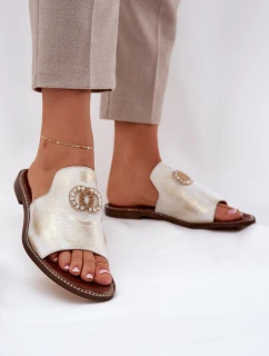 Eleganckie Skórzane Klapki Damskie Z Ozdobą Zazoo 3008 Złoty Przecierany