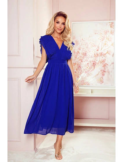 Dámské midi šaty v chrpové barvě s volánky a výstřihem model 17163014 - numoco