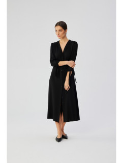 S365 Viskózové šaty áčkového strihu s viazanými rukávmi - čierne