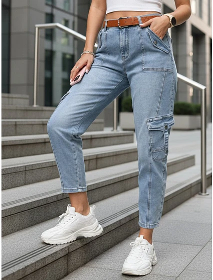 Dámske džínsy balónového strihu s cargo vreckami modré FashionStreet UY2923