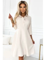 Béžové dámské rozšířené košilové šaty s páskem model 20215337 - numoco Béžové dámské rozšířené košilové šaty s páskem model 20215337 - numoco