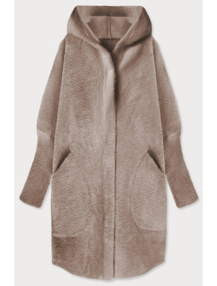Dlhý vlnený prehoz cez oblečenie typu "alpaka" vo ťavej farbe s kapucňou (908)