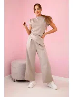 Asymetrická blúzka + nohavice tmavobéžová