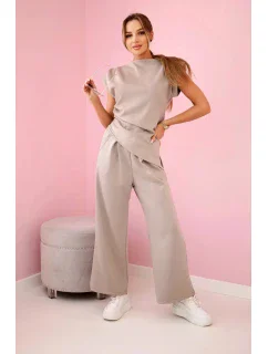 Asymetrická blúzka + nohavice tmavobéžová