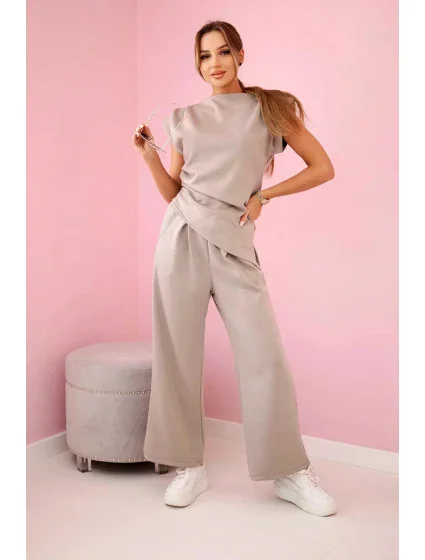 Asymetrická blúzka + nohavice tmavobéžová