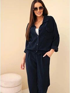 Dámský komplet z viskózy model 22366804 s mikinou a kalhotami s páskem modrý - K-Fashion