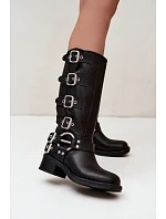 Dámské kožené kozačky na nízkém podpatku s přezkami Big Star model 22349500 Černé - Big Star Shoes Dámské kožené kozačky na nízkém podpatku s přezkami Big Star model 22349500 Černé - Big Star Shoes