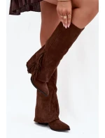 Dámske kovbojské čižmy Zalia s strapcami na podpätku - hnedé Dámske kovbojské čižmy Zalia s strapcami na podpätku - hnedé