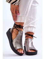 Skórzane Sandały Na Koturnie Nicole 2743/063 Srebrno-Czarne