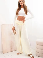 Dámske viskózové nohavice so širokými nohavicami a volánmi žlté