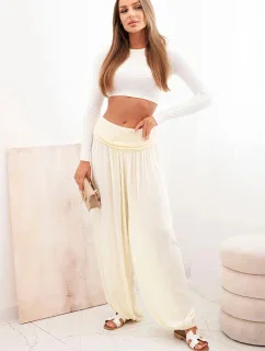 Dámské viskózové kalhoty s širokými nohavicemi a volánky žlutý