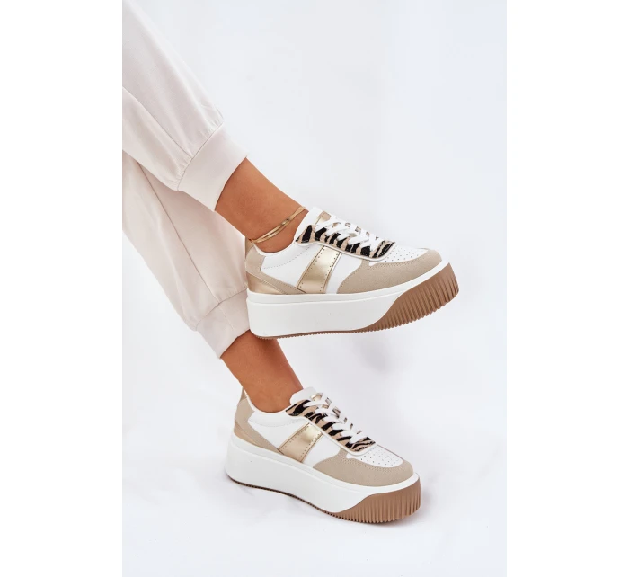 Sneakersy Damskie Na Masywnej Platformie Zwierzęcy Wzór Beżowo-Złote Telanila