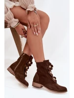Zamszowe Botki Damskie Z Ozdobnymi Kwiatkami Zazoo 3085 Brązowe