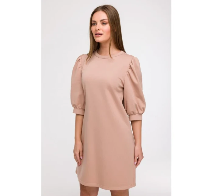 B291 Šaty áčkového strihu s rukávmi - mocca