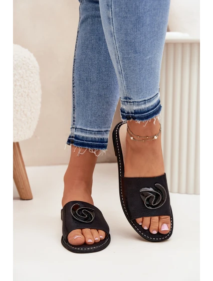 Klapki Damskie Na Płaskim Obcasie Z Ozdobnym Detalem KV51-007 Czarne