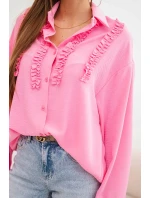 Dámská viskózová košile s dlouhým rukávem a volány světle růžová